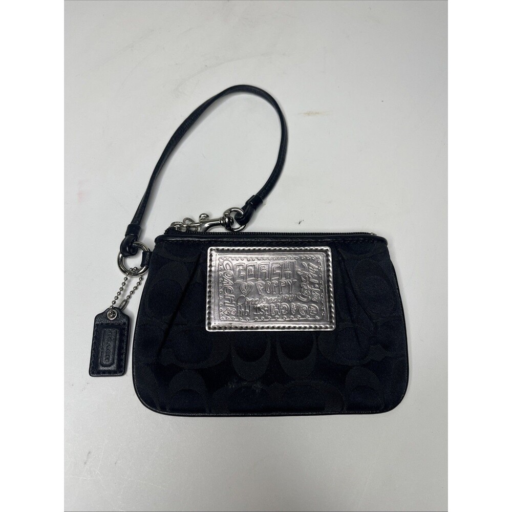 Coach Poppy Wristlet Black Signature Jacquard Silver Logo Patch Y2K Small Clutch